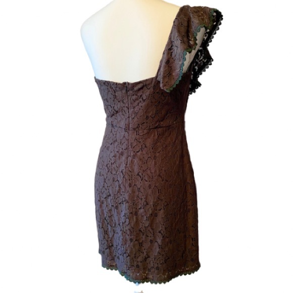 Brown Lace Ruffled One-Shoulder Sheath Dress w/ Green Trim by 5th Culture (L) - Picture 10 of 14